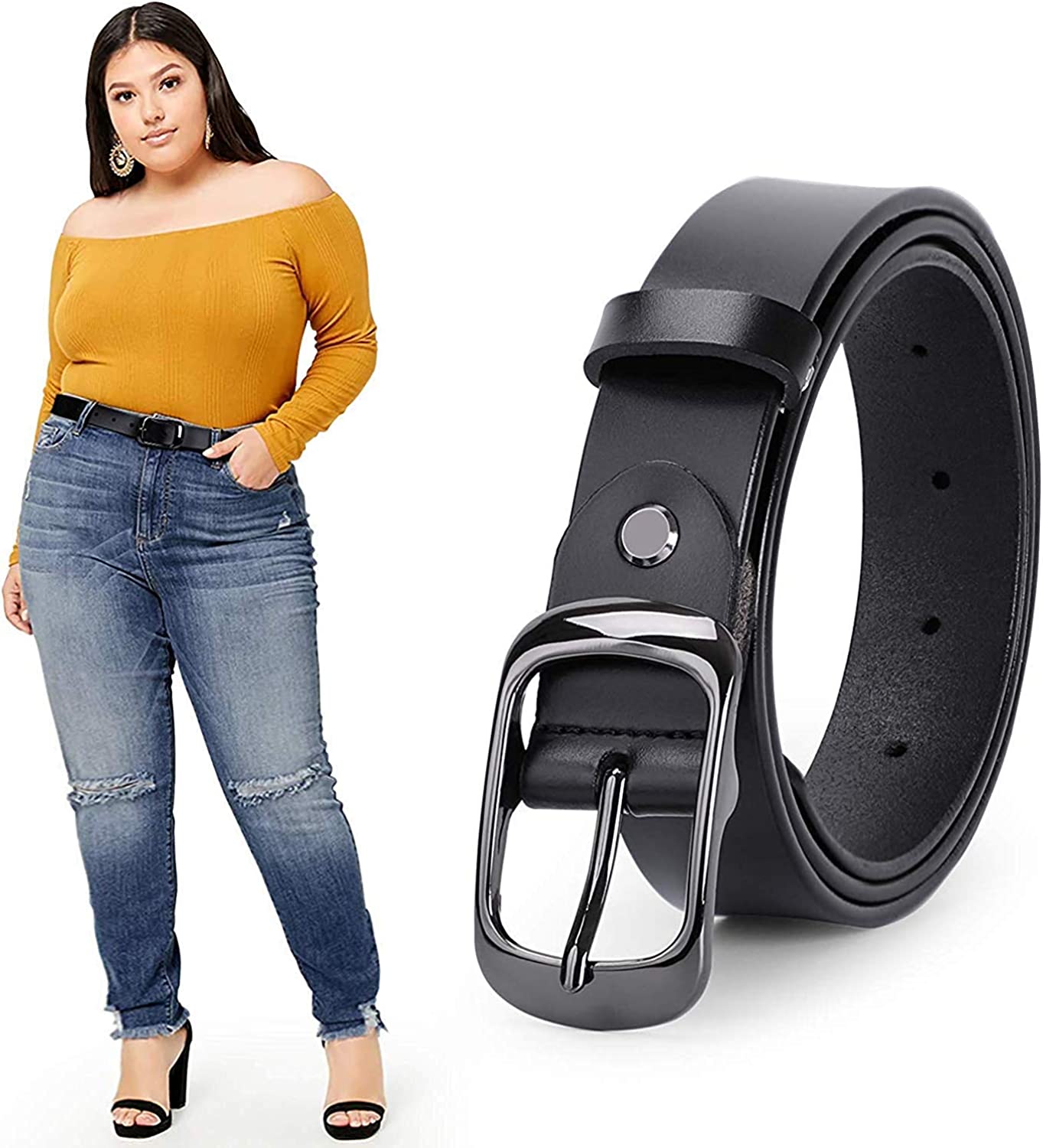 WERFORU Women Black Leather Belt Plus Size Polished Buckle for Jeans Pants