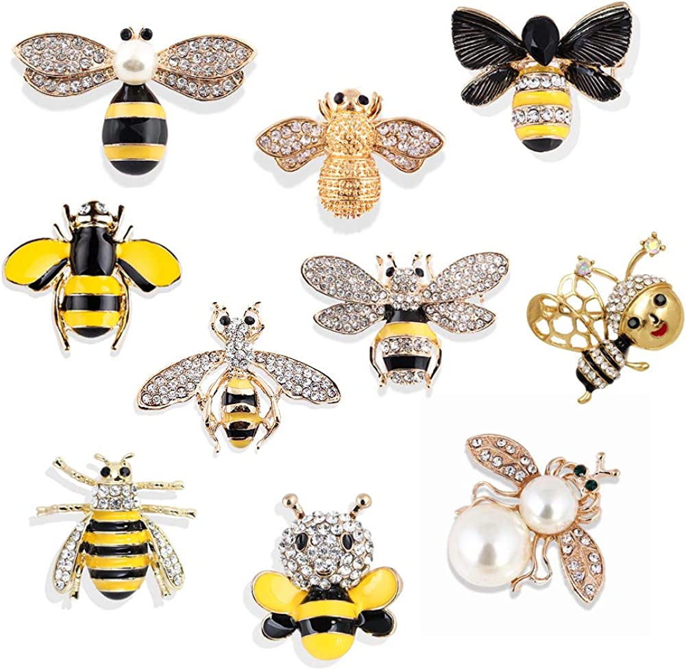 Set of 10 Fashion Enamel Crystal Rhinestones Bee Themed Brooch Pin Jewelry Lapel Pins for Clothes Collar Dress Scarf Bag Decoration