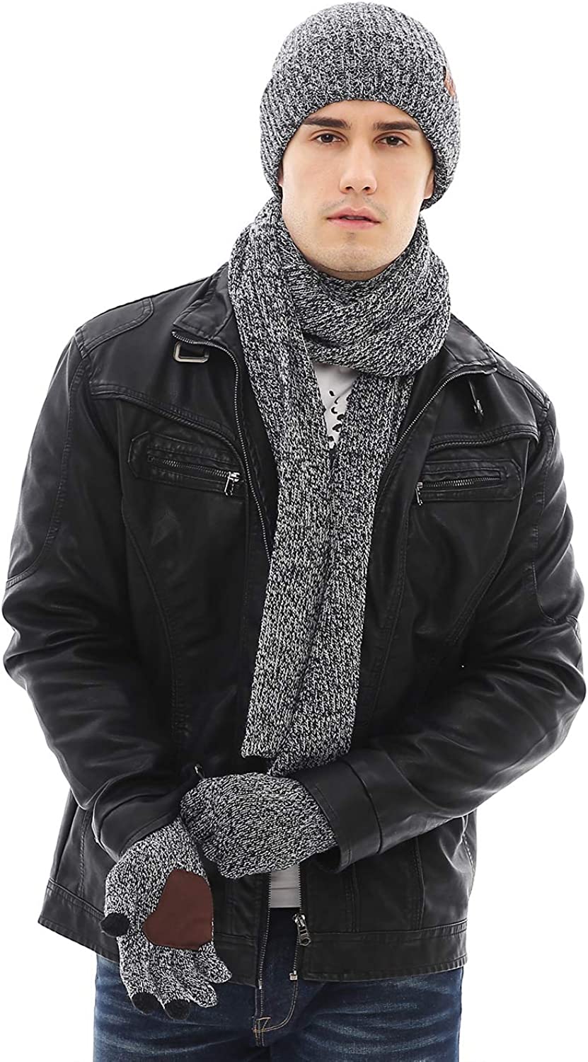 Men & Women Winter Knit Hat Beanie Long Scarf Touchscreen Gloves Set Skull Cap Neck Warmer Gloves Set with Fleece Lined