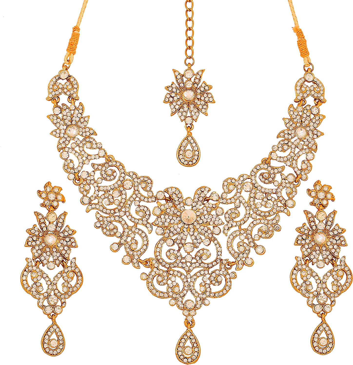 Touchstone Indian Bollywood Gorgeous intricate Workmanship Sparkling White Colorful Rhinestone crystal wedding Designer Jewelry Necklace Set In Gold or Silver Tone For Women.