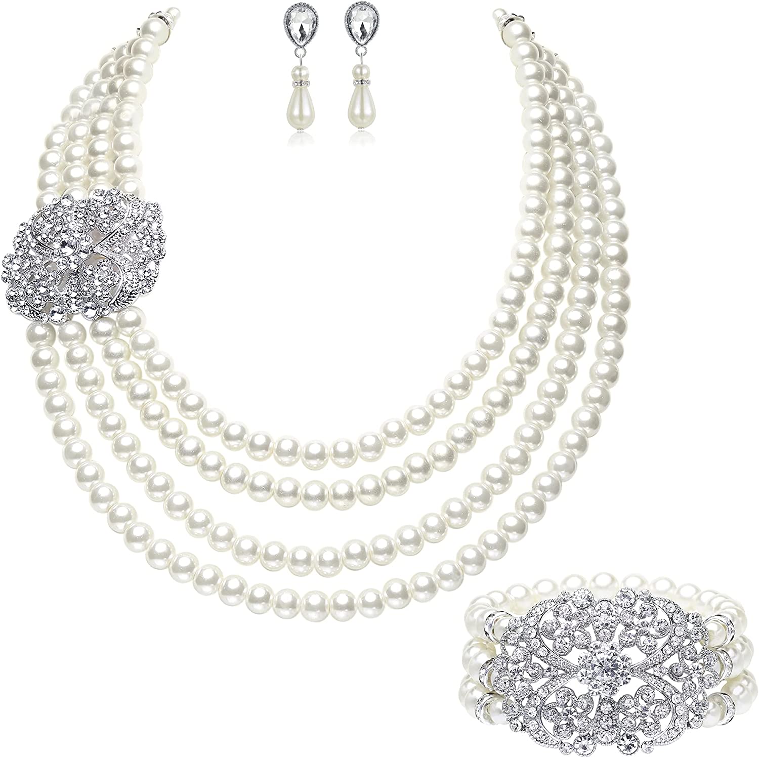 BABEYOND 1920s Gatsby Pearl Necklace Vintage Bridal Pearl Necklace Earrings Jewelry Set Multilayer Imitation Pearl Necklace with Brooch