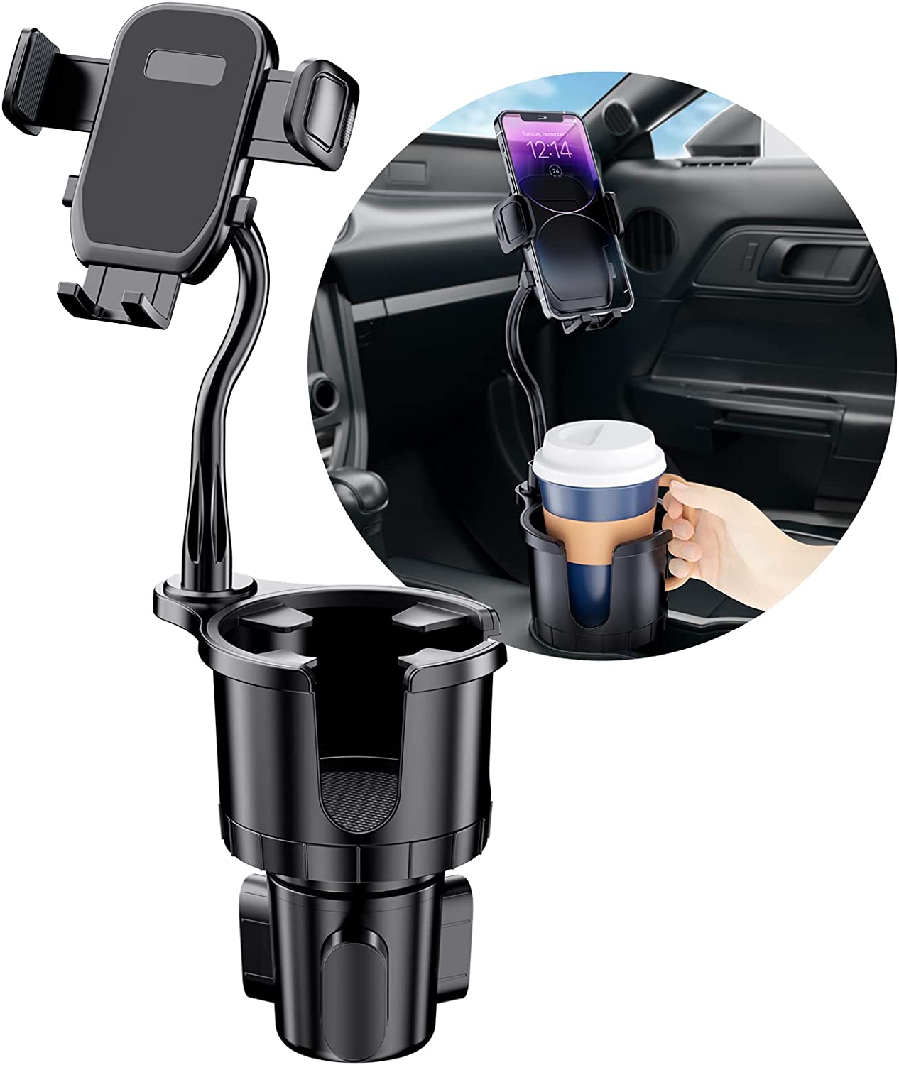 Cup Holder Phone Mount, FONKEN 2 in 1 Cup Car Phone Holder for Car [Stable & Adjustable] Goosenecks Car Cup Holder Expander with Cell Phone Holder 360° Rotation Phone Cup Holder for Car Fit All phones