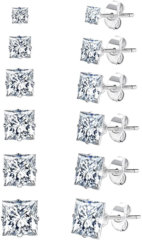 UHIBROS Stainless Steel Stud Earrings Set for Men, 14K White Gold Plated Square Cubic Zirconia Studs Hypoallergenic Mens Earrings Pack 6 Pairs