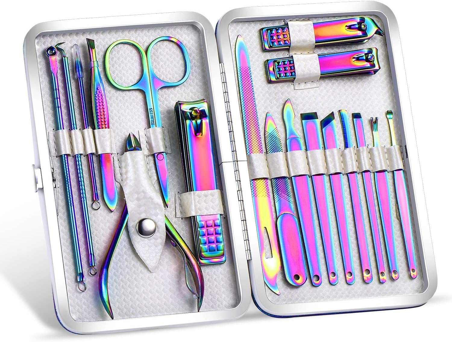 2020 New Rainbow Manicure Kits 18 Pcs Nail Clippers for Women Gift SFYDOM Women's Rainbow Leather Manicure Set (18-RainbowManicure Kits)