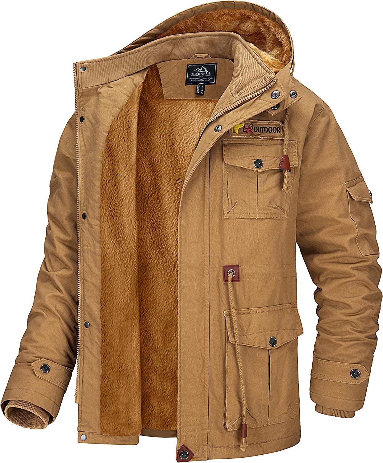 MAGCOMSEN Men's Cargo Jacket Winter Warm Coats Fleece Lined Military Jackets Cotton with Removable Hood