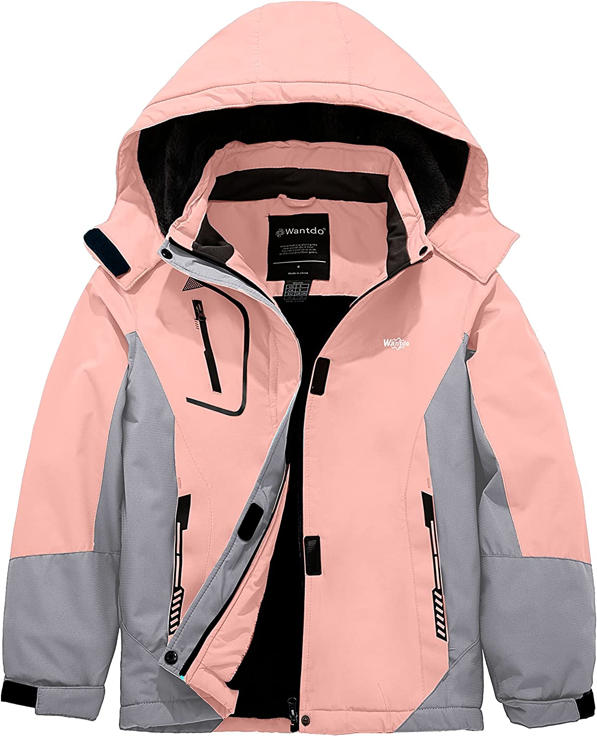Wantdo Girl's Waterproof Ski Jacket Hooded Fleece Winter Snow Coat Windproof Raincoats Lightweight Outwear