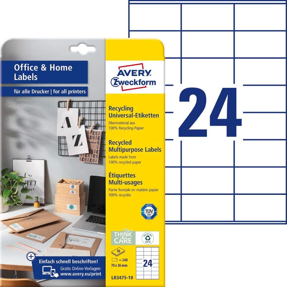 Avery Zweckform 3448-10 Red Labels (240 Stickers, 70 x 37 mm, DIN A4, Self-Adhesive Colour Labels, Matte Paper, Printable, Coloured Adhesive Labels, Ideal for Home Office) 10 Sheets, Red