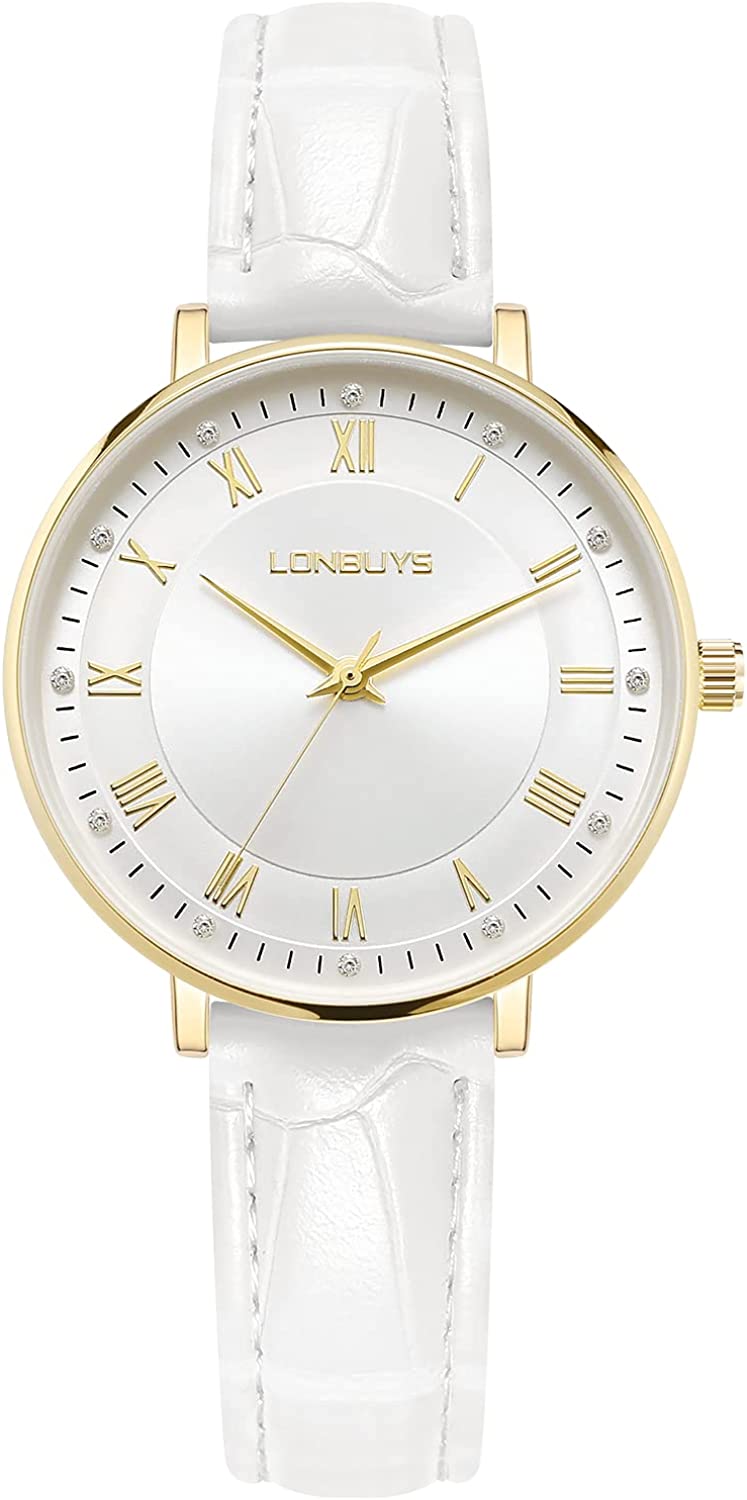 LONBUYS Women's Quartz Watch with Leather Strap,Waterproof Rose Gold Black Leather Band Wrist Watch Ladies Wristwatch for Dress Casual Business