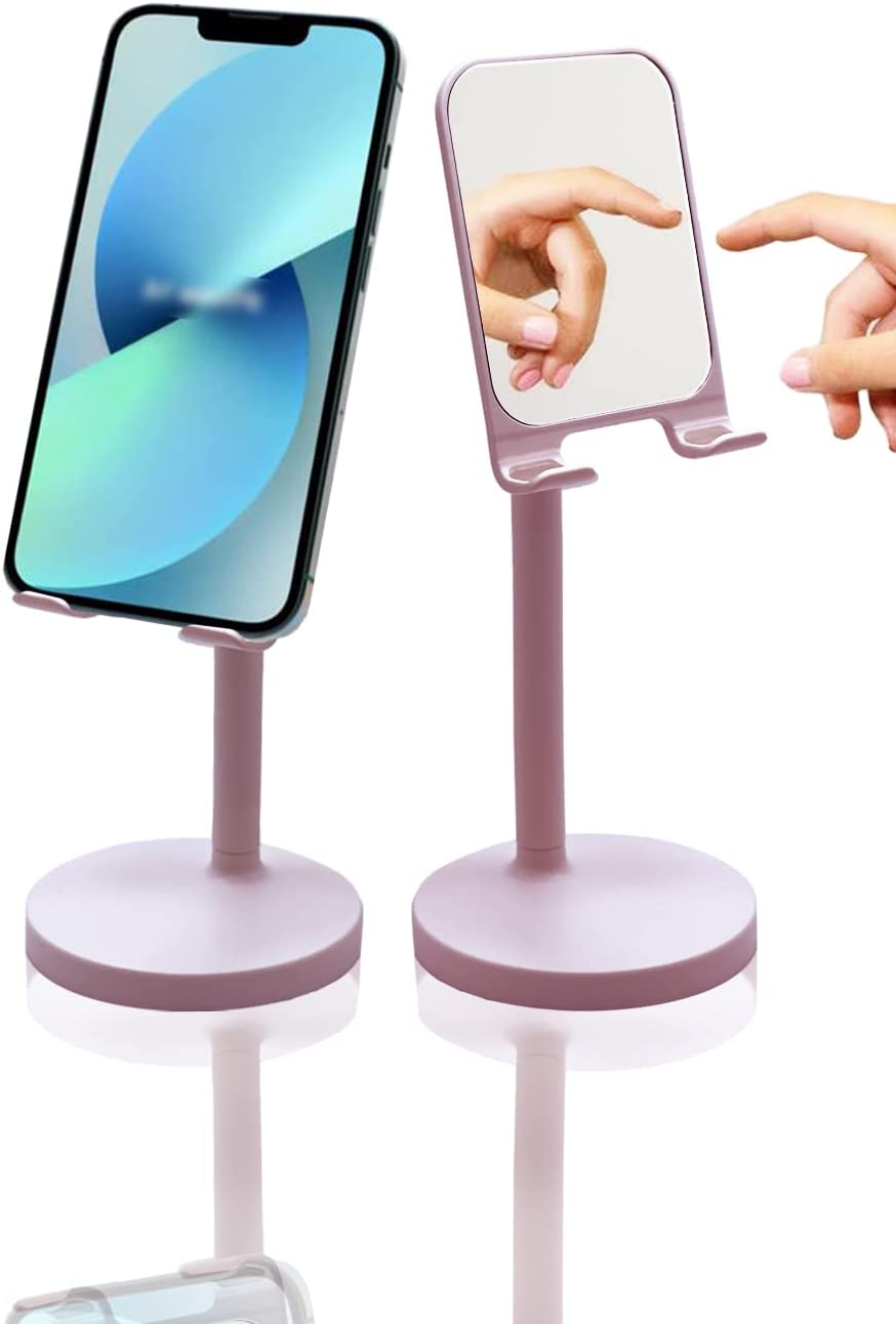 KN FLAX Cell Phone Stand with Mirror Mobile Phone and iPad Holder for Desk with Adjustable View Angle &amp; Height， Handsfree Smart Phone Cradle， Dock for Office Kitchen Traveling Accessories - Blue