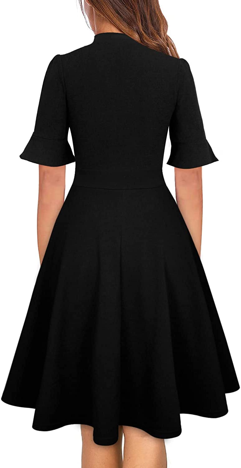 Mokayee Womens Summer Bow Tie Neck Semi Formal Ruffle Sleeve Church Office Wedding Guest Work Dresses