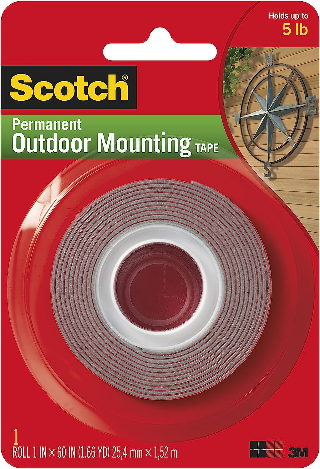 Scotch Mounting, Fastening & Surface Protection Permanent Outdoor, Holds 5 lbs, 3M Scotch 4011 Exterior Mounting Tape, 1 in x 60 in, 1"x60"
