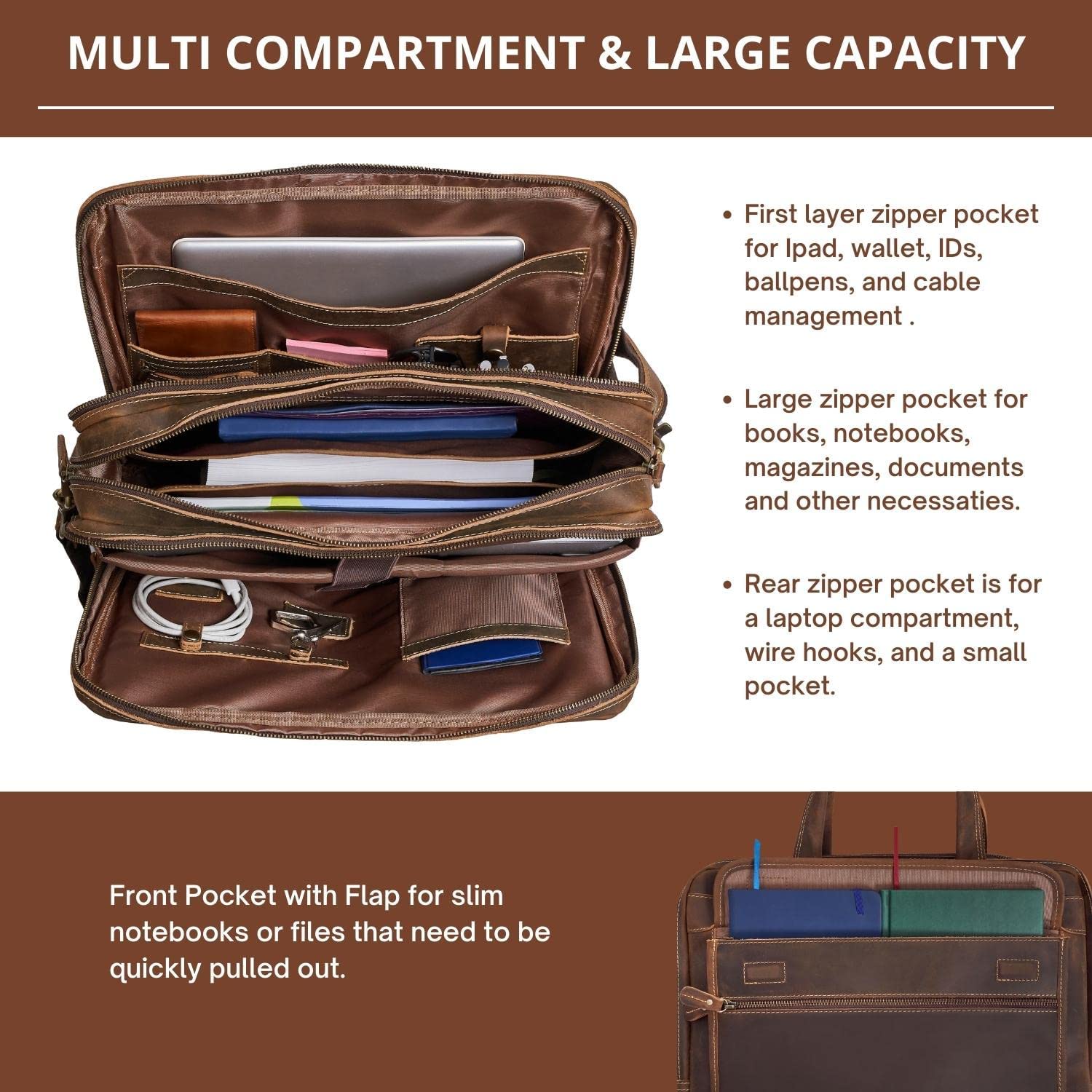 Luxorro Full Grain Leather Briefcase for Men, Top Choice Gifts for Men, Handcrafted Leather Laptop Bag with Multiple Compartments and Brass Hardware, Fits 15.6 Inch Laptop