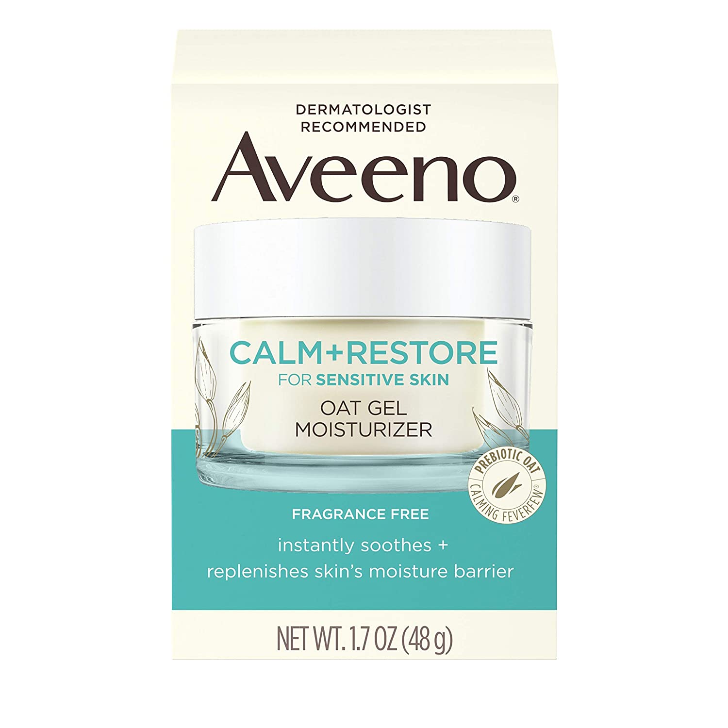 Aveeno Calm + Restore Oat Gel Facial Moisturizer for Sensitive Skin, Lightweight Gel Cream Face Moisturizer with Prebiotic Oat and Feverfew, Hypoallergenic, Fragrance- and Paraben-Free, 1.7 oz