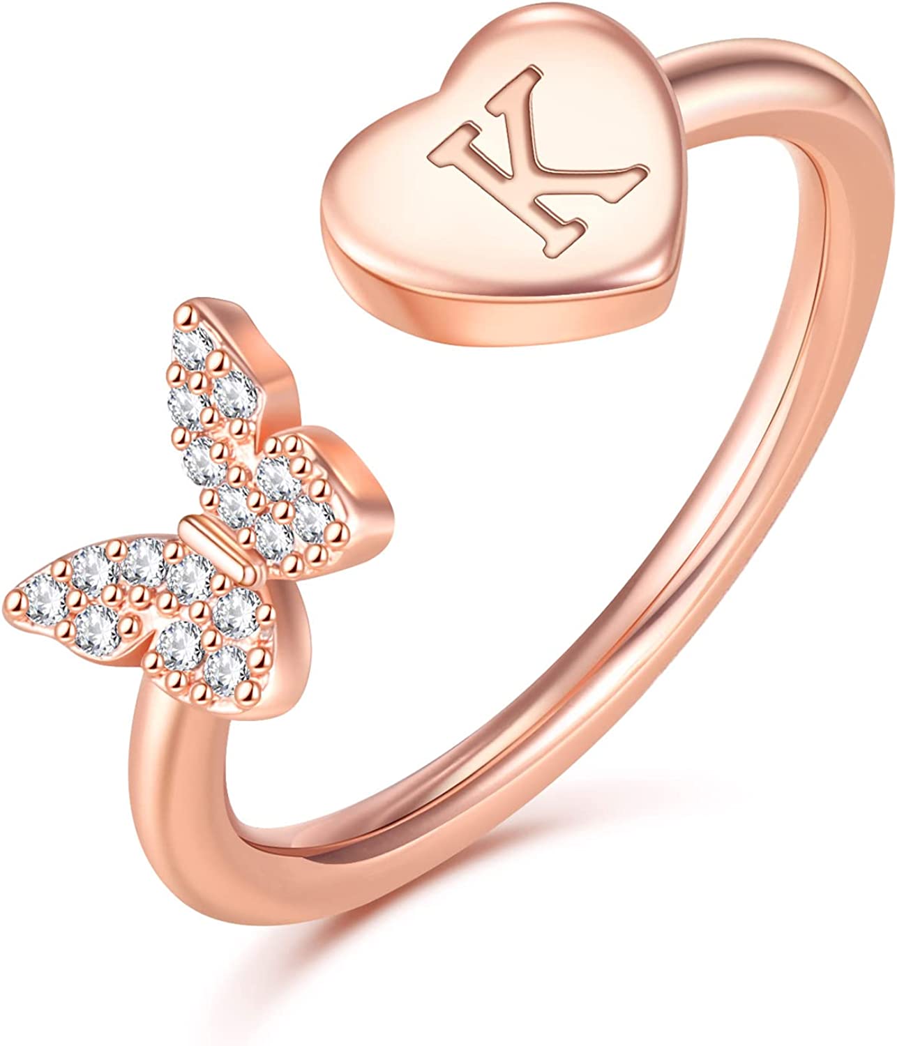 GLISHIVER Stackable Initial Rings for Women Girls, Rose Gold Plated Butterfly Capital Letter Initial Rings for Women Teens Girls Letter Rings Stackable Rings for Girls Teen Girls