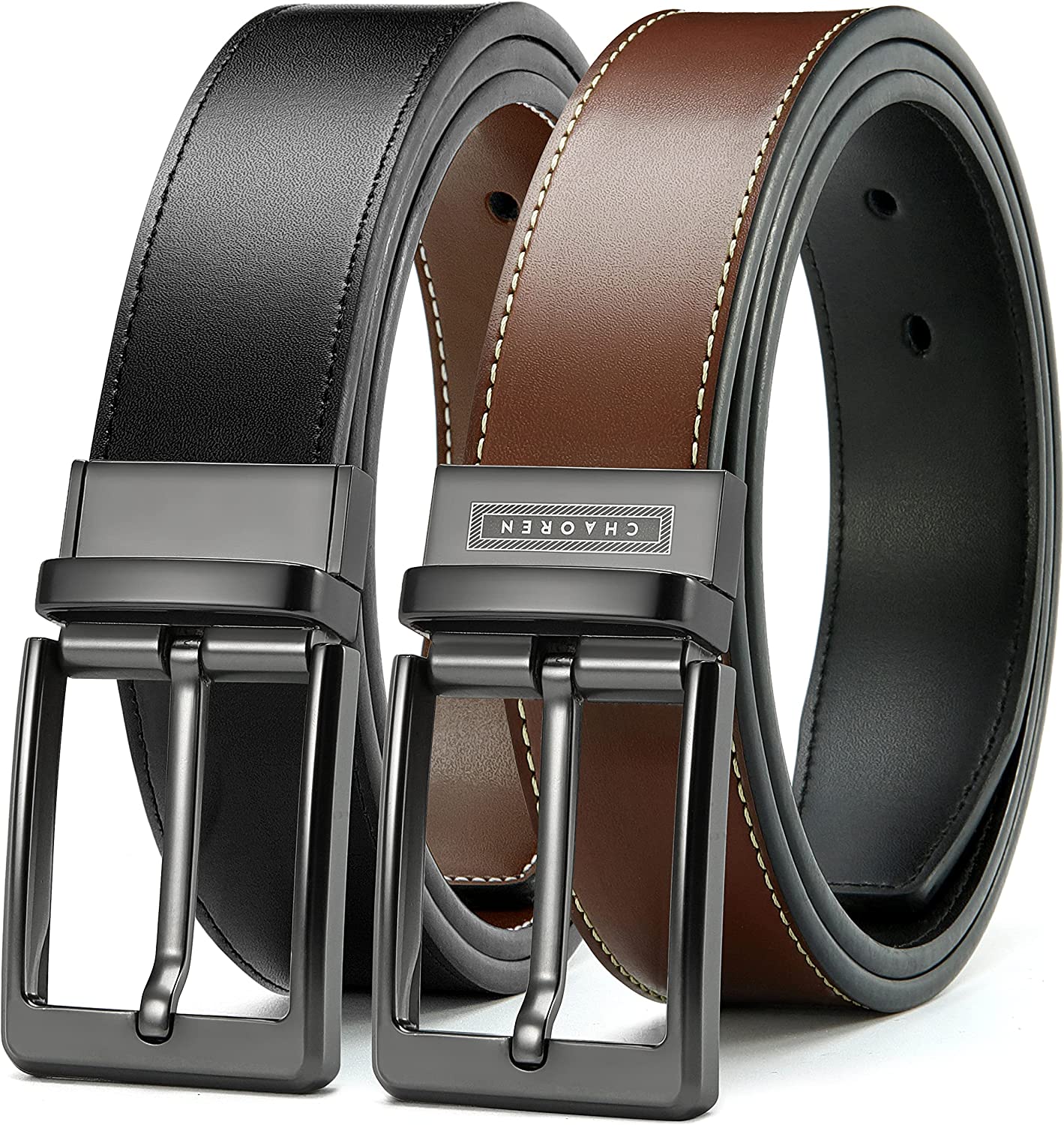 CHAOREN Reversible Belt for Men - Mens Belt Leather 1 3/8" Black & Brown for Dress Pants - Adjustable Belt Trim to Fit