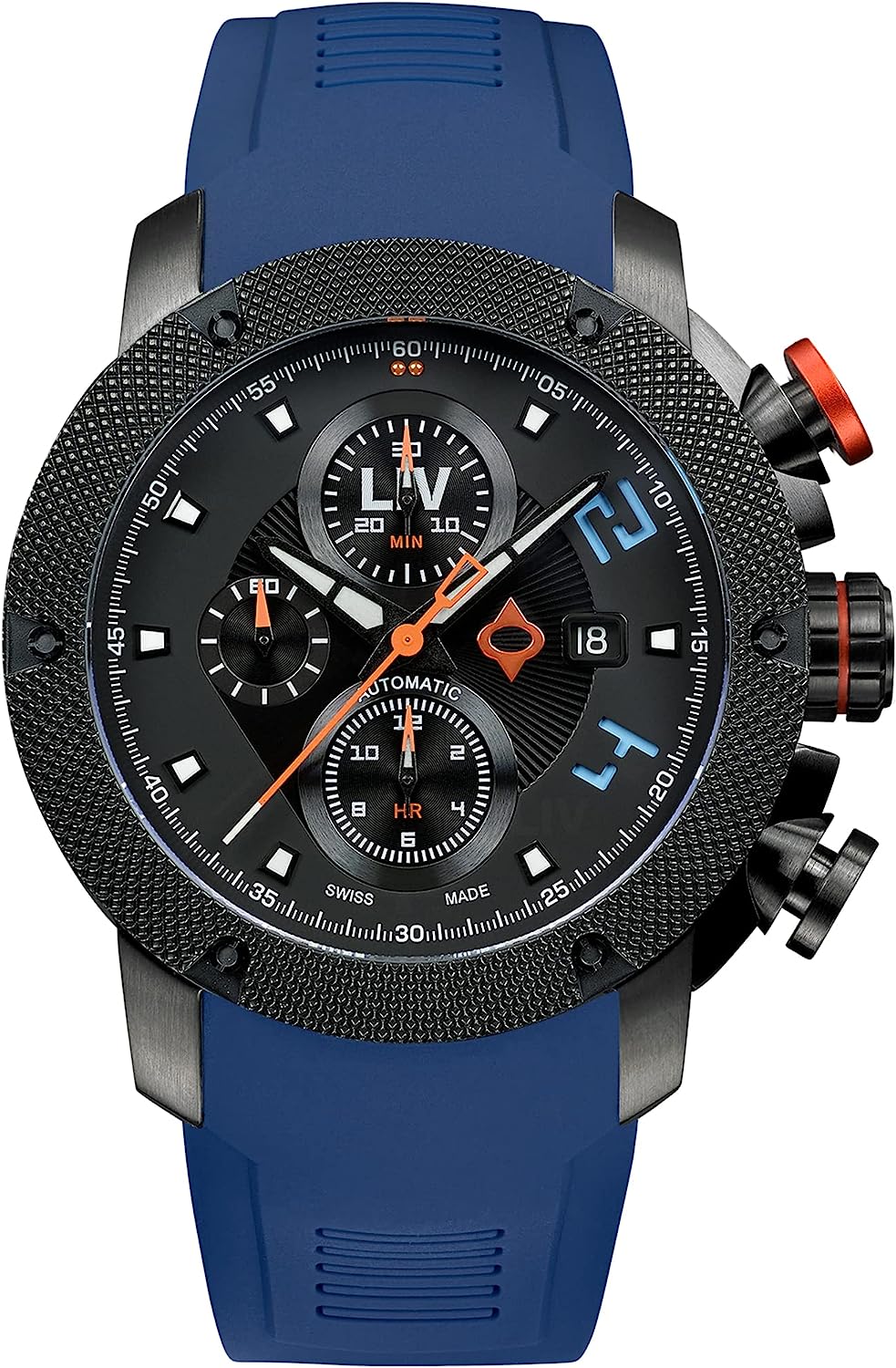 LIV GX-AC Swiss Automatic ETA 7750 26 Jewel Movement Chronograph 46mm 316L Case, 3D Multi-Layer Dial + Quickset Date - Rugged Classic Watch for Men - Skeleton Case-back - Sapphire Crystal - 330 FT Wat