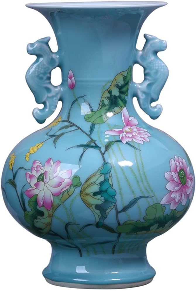 Boge Antique Celadon Vase Furnishing Articles Blue Glaze Peony Flower Study Decorative Ceramic Arts and Crafts