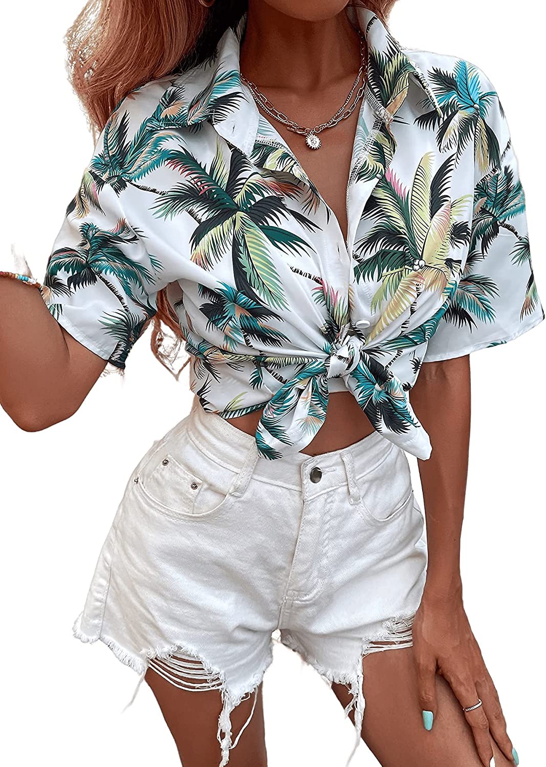 SweatyRocks Women's Short Sleeve Cute Print Button Down Shirt Tops