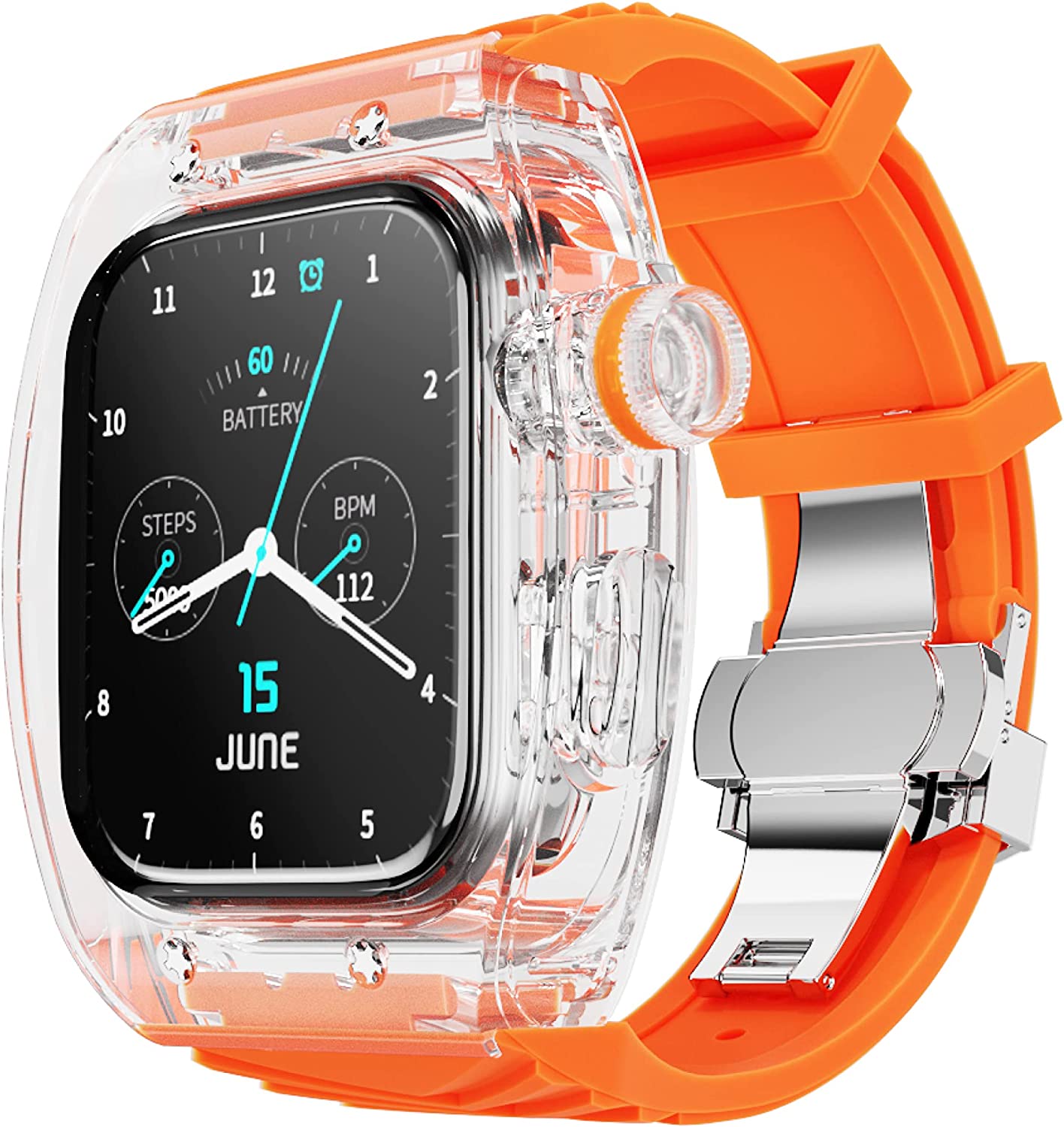 WITEBOCS Luxury Transparent Hard Case for Apple Watch Series 4 5 6 7 8 & SE - 44mm or 45mm, Designer Silicone Band, Military Grade Protection with Rugged Bumper and Full Coverage, Lightweight and Crys