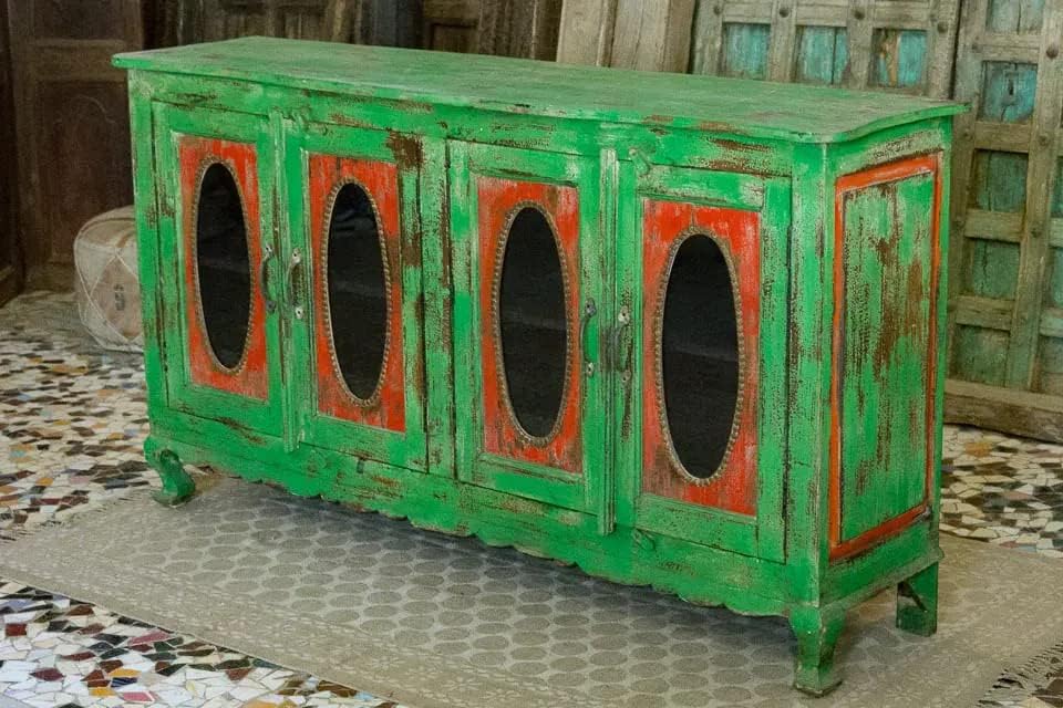 Antique Indian Brass Work Hand Carved Solid Wooden Sideboard Greenwash Mango Wood Indian Arched Sideboard Cabinet Storage Units Indian Solid Wood Finish,Living Room Bedroom Furniture,Modern Sideboard