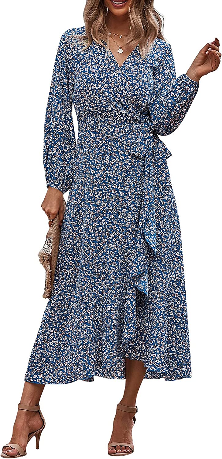 PRETTYGARDEN Women's Long Sleeve Vintage Wrap Dress Floral Print V-Neck Maxi Dresses with Belt