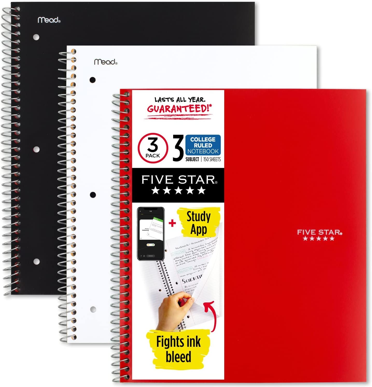 Five Star Spiral Notebooks, 3-Subject, College Ruled Paper, 11" x 8-1/2", 150 Sheets, Black, White, & Red (73393)