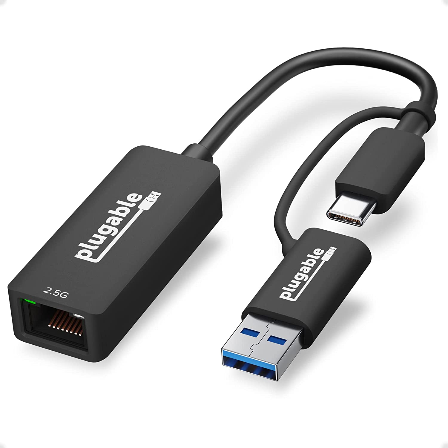 Plugable 2.5G USB C and USB to Ethernet Adapter, 2-in-1 Adapter Compatible with USB C/Thunderbolt 3 or USB 3.0, USB-C to RJ45 2.5 Gigabit LAN Compatible with Mac and Windows