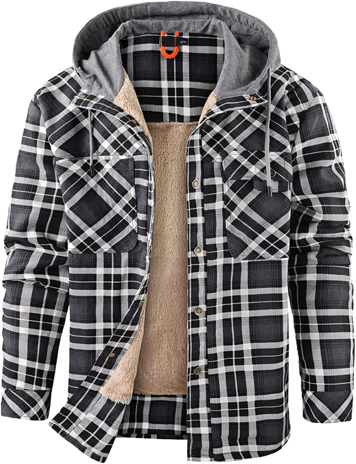 NEWHALL Men's Classic Plaid Long Sleeve Buttons Camping Warm Lining with Thick Cotton Hooded Shirt Jacket