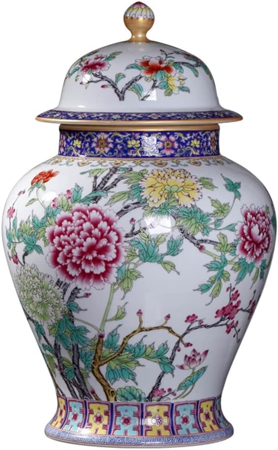 RENSLAT Jingdezhen Ceramic Antique Peony Pastel Tank Storage Tank with Cover Domestic Chinese Living Room Decoration