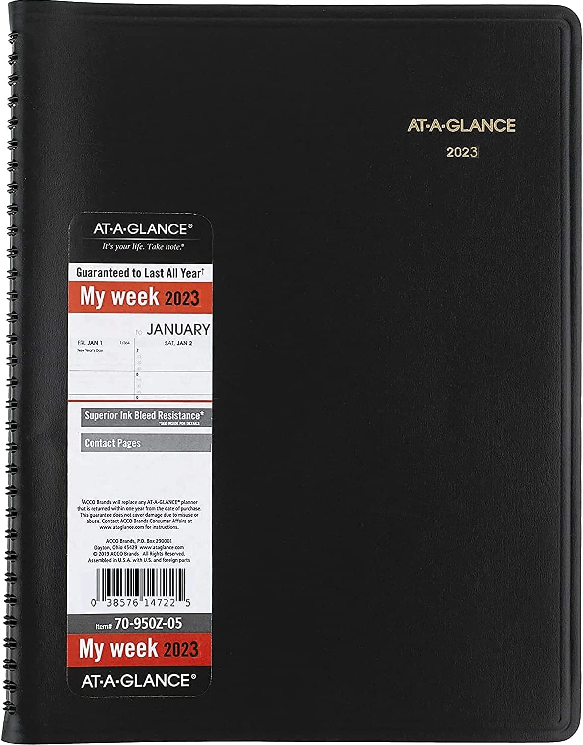 2023 Weekly Planner & Appointment Book By At A Glance - Large 8 1/4'' X 11'' - Black - Professional Spiral Bound Annual Week Schedule Calendar For Women And Men 70-950