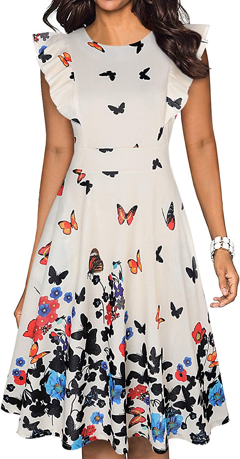 IHOT Women's Vintage Ruffle Floral Flared A Line Swing Casual Cocktail Party Dresses with Pockets