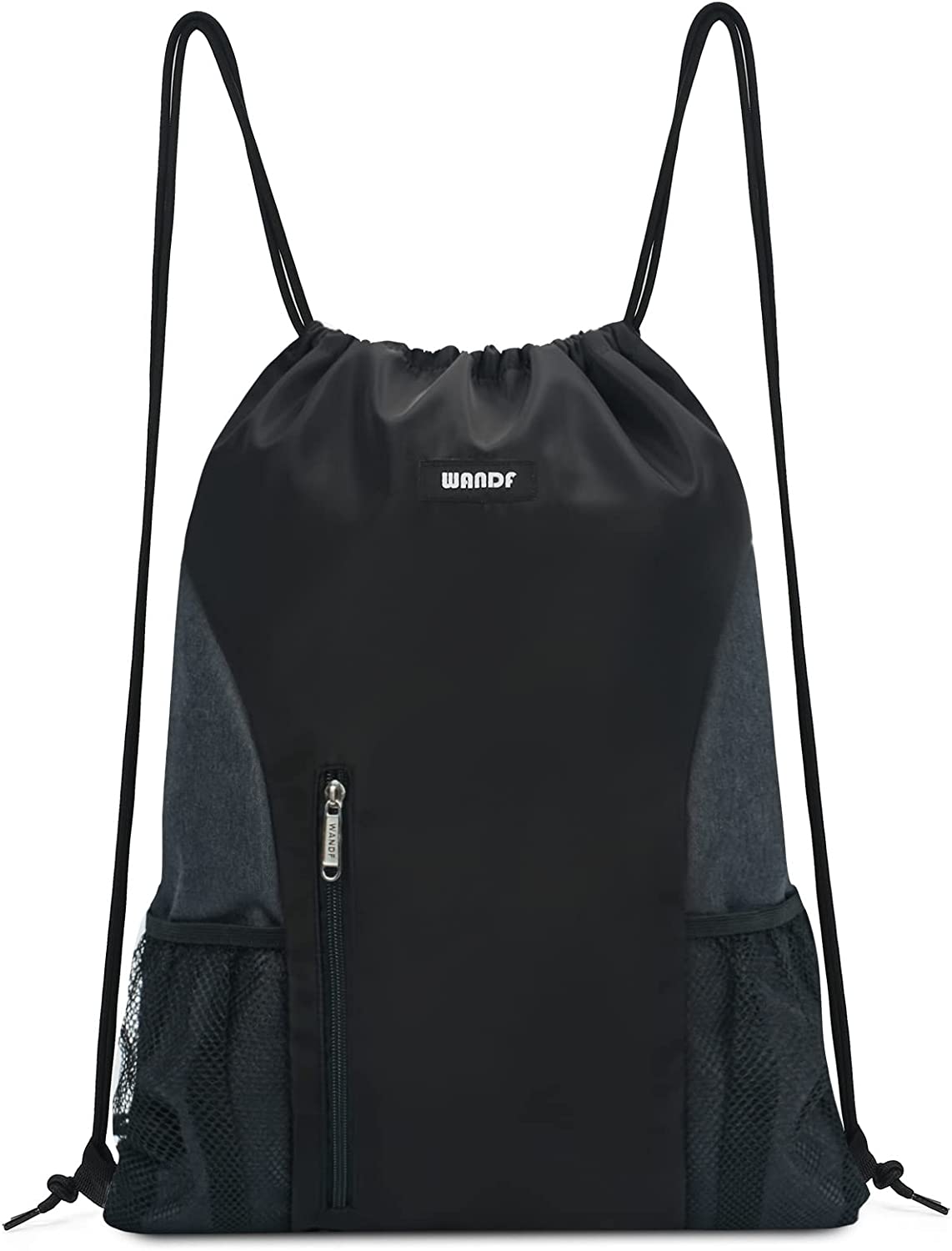 WANDF Drawstring Backpack Sports Gym Sackpack with Mesh Pockets Water Resistant String Bag for Women Men Children (Black)