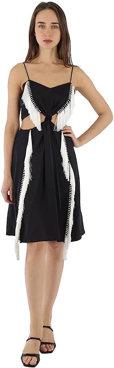 BURBERRY Black Silk Satin Slip Dress with Fringed Detail, Brand Size 6 (US Size 4)