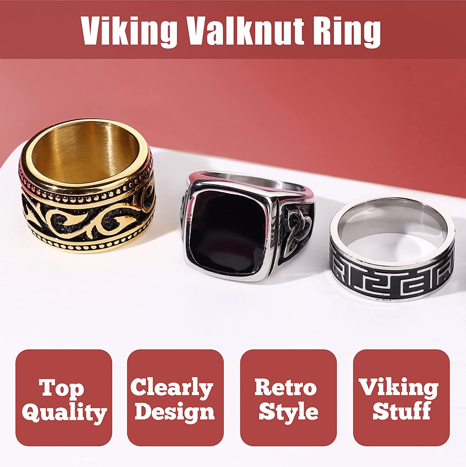 Jstyle 4Pcs Stainless Steel Signet Biker Rings Set Cuban Chain Spinner Ring Silver Gold Vintage Celtic Knot Band Rings Beveled Polished Edge Comfort Fit Father's Day Gift