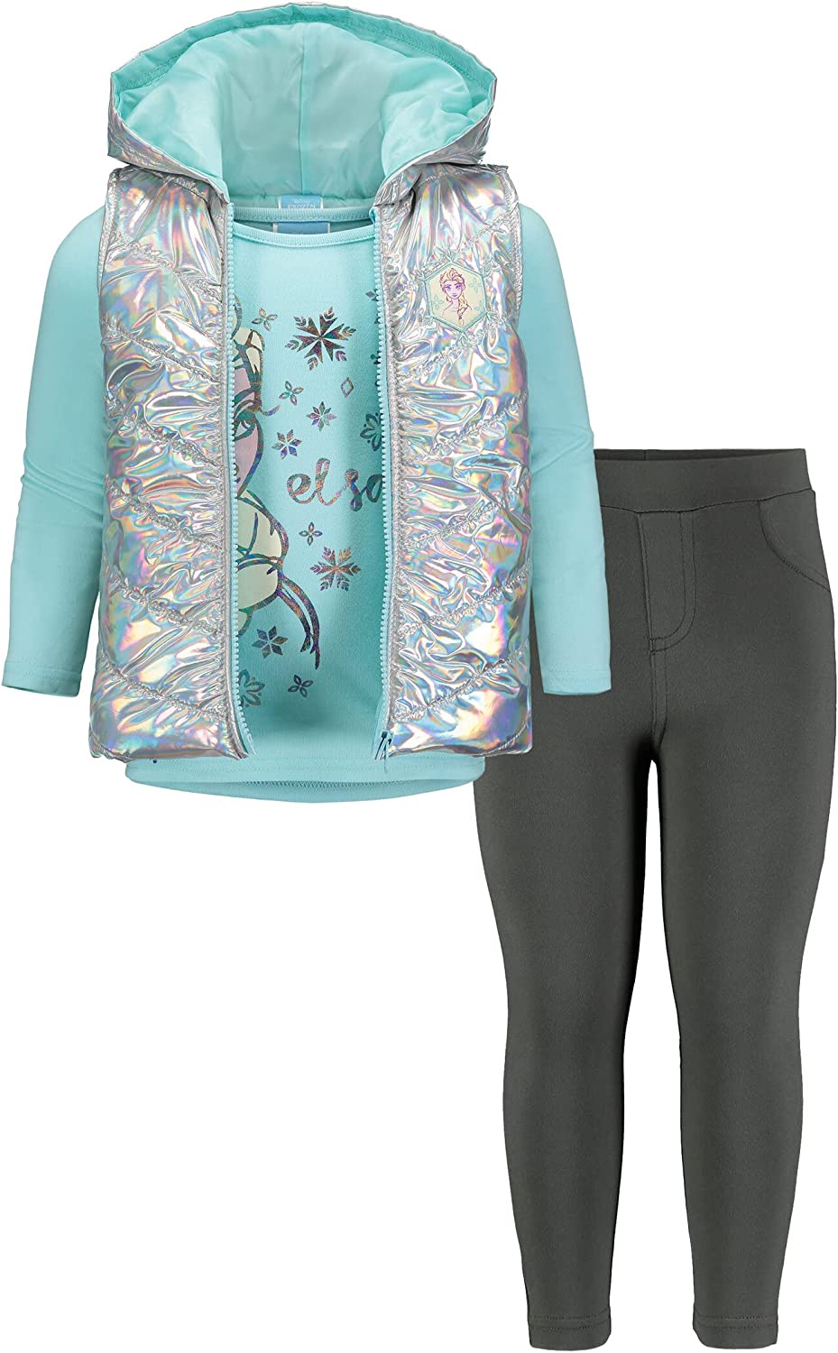 Disney Frozen Princess Anna Queen Elsa Girls Zip Up Vest Puffer T-Shirt and Leggings 3 Piece Set Toddler to Big Kid