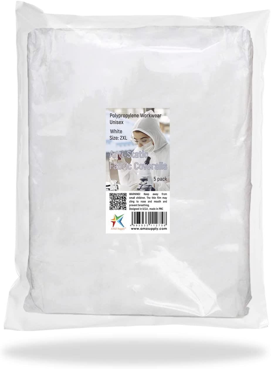 AMZ Medical Supply Disposable Coveralls for Men, Women, 3X-Large, Pack of 5 White Hazmat Suits Disposable with Hood, Zipper, 60gsm Microporous Hazmat Suit Costume, Waterproof Lab Coveralls Disposable