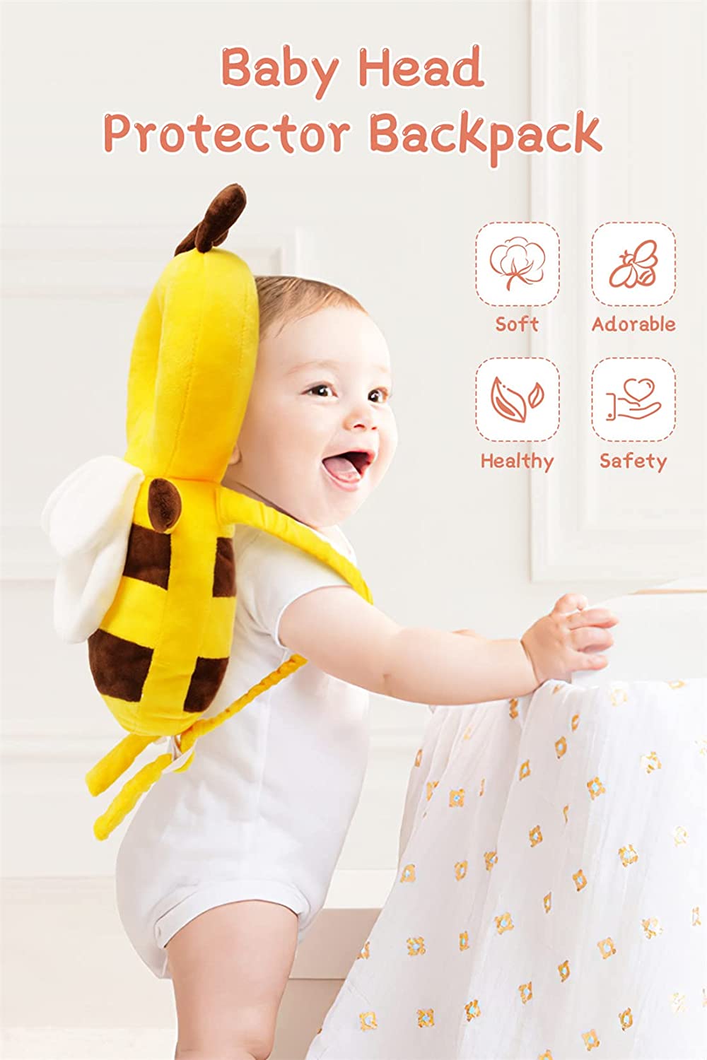 Baby Head Protector Cushion Toddler Head Protection Pillow Baby Backpack with Knee Pads&Anti-Slip Socks (Bee - Crystal Velvet)