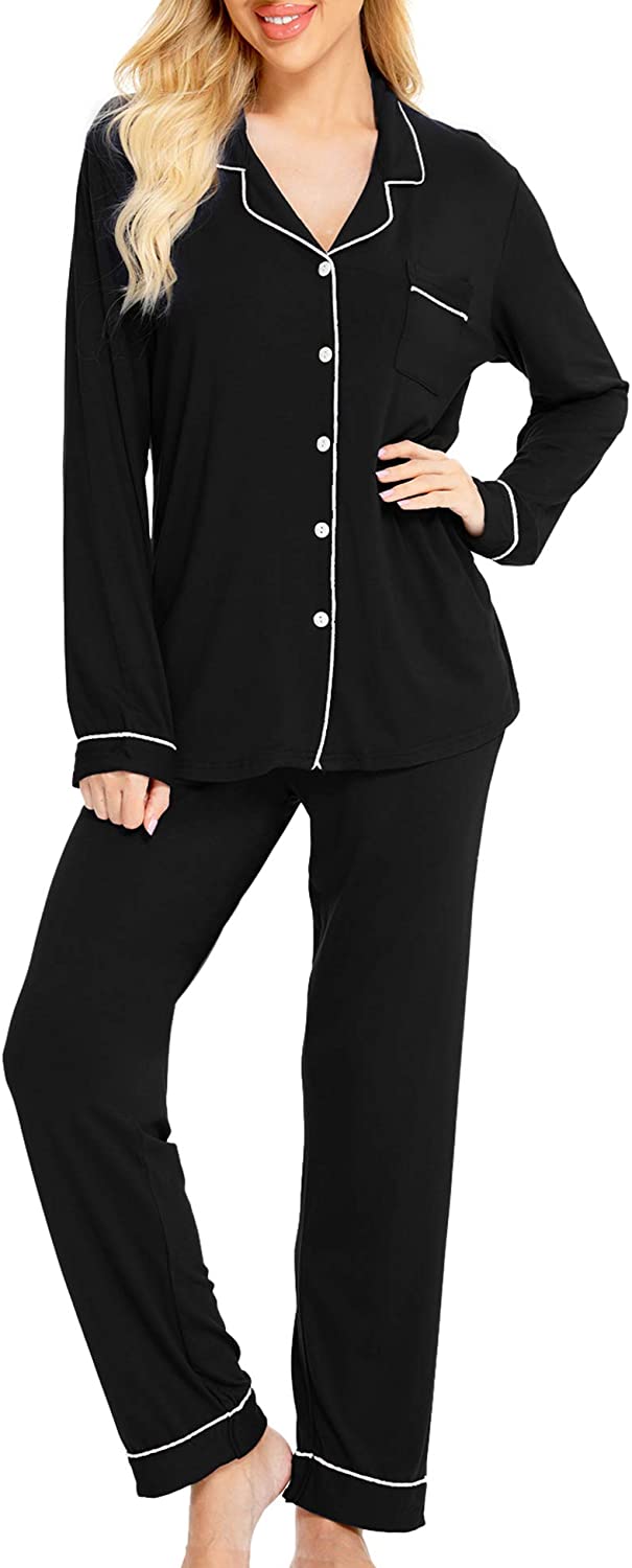 SWOMOG Womens Pajamas Set Long Sleeve Sleepwear Button Down Nightwear Soft Pj Lounge Sets