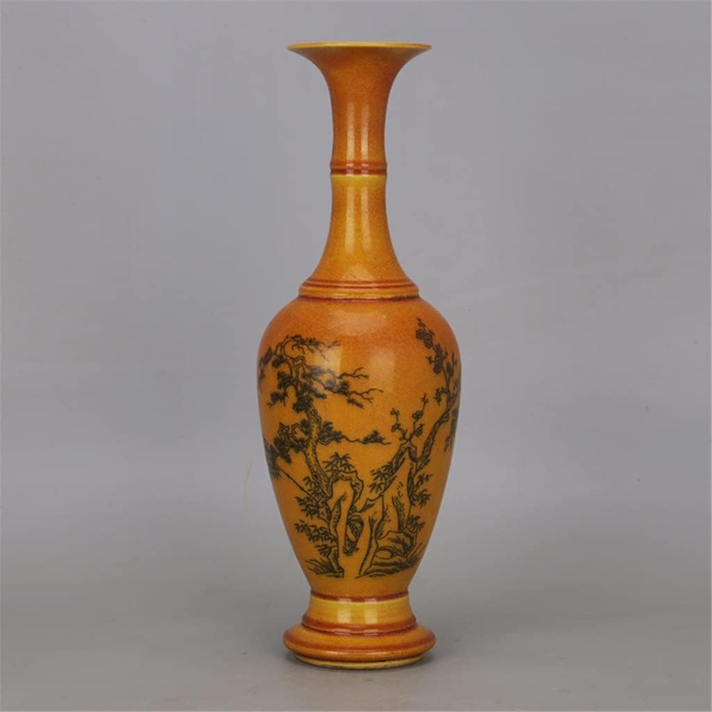 ZSEDP Yellow Glaze Ink Color Landscape Beauty Shoulder Vase Antique Porcelain Decoration