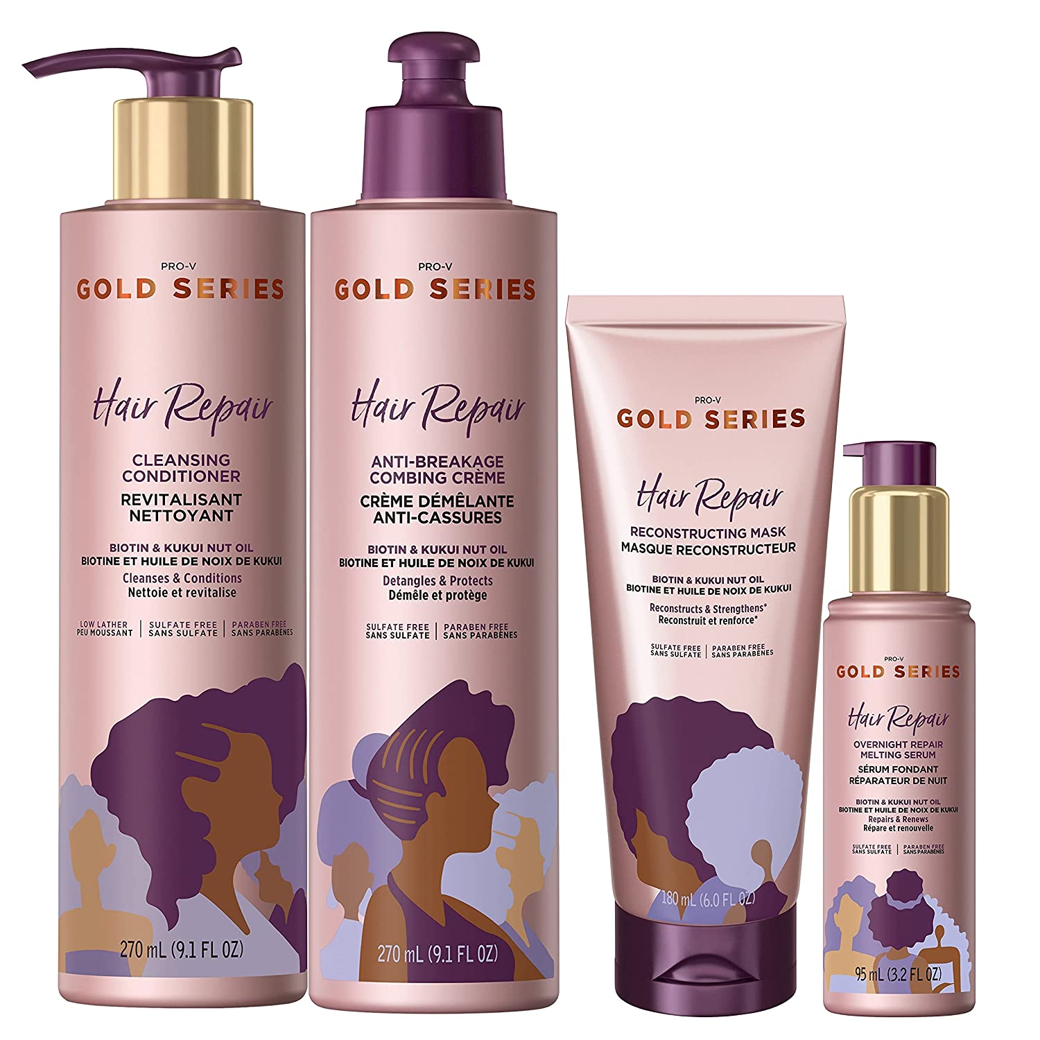 Pantene Gold Series Hair Mask, Anti-Breakage Combing Crème, Overnight Repair Serum, and Cleansing Conditioner, with Biotin & Kukui Nut, for Natural, Curly and Coily, Textured Hair, 815 milliliters