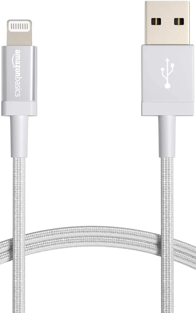 Amazon Basics Nylon USB-A to Lightning Cable Cord, MFi Certified Charger for Apple iPhone 14 13 12 11 X Xs Pro, Pro Max, Plus, iPad, Silver, 6-Ft