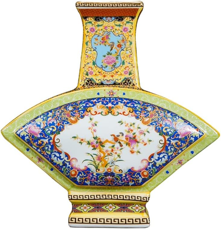 ZSEDP Jingdezhen Antique Enamel Vase Fan Shaped Vases Flowers and Birds Pattern Ancient Porcelain