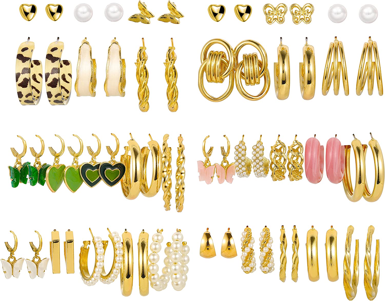32 Pairs Gold Hoop Earrings Set for Women Girls, Fashion Chain Link Hoop Stud Drop Dangle Earrings Boho Statement Hypoallergenic Earrings for Christmas Jewelry Gift