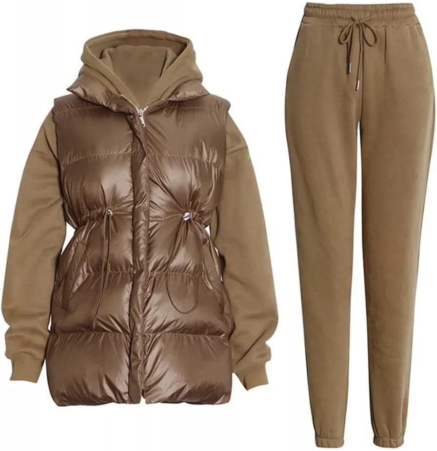 QJPAXL Solid Three Piece Set Womens Hooded Collar Sweatshirt Turtleneck Sleeve Cotton Vest High Waist Trousers Female Sets (Color : E, Size : M Code)