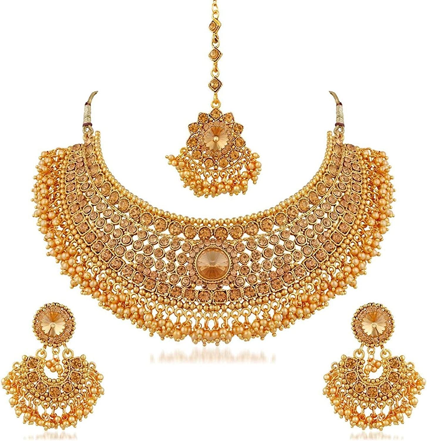 Efulgenz Indian Bollywood Traditional Crystal Pearl Wedding Choker Necklace Earrings Maang Tikka Jewelry Set