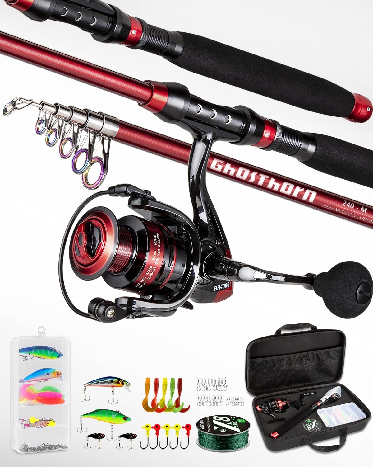 Ghosthorn Fishing Rod and Reel Combo, Telescopic Fishing Pole Kit for Men Collapsible Portable Fishing Gear Starter Compact Travel Pole with Carrier Bag for Freshwater Saltwater Fishing Gifts for Men 