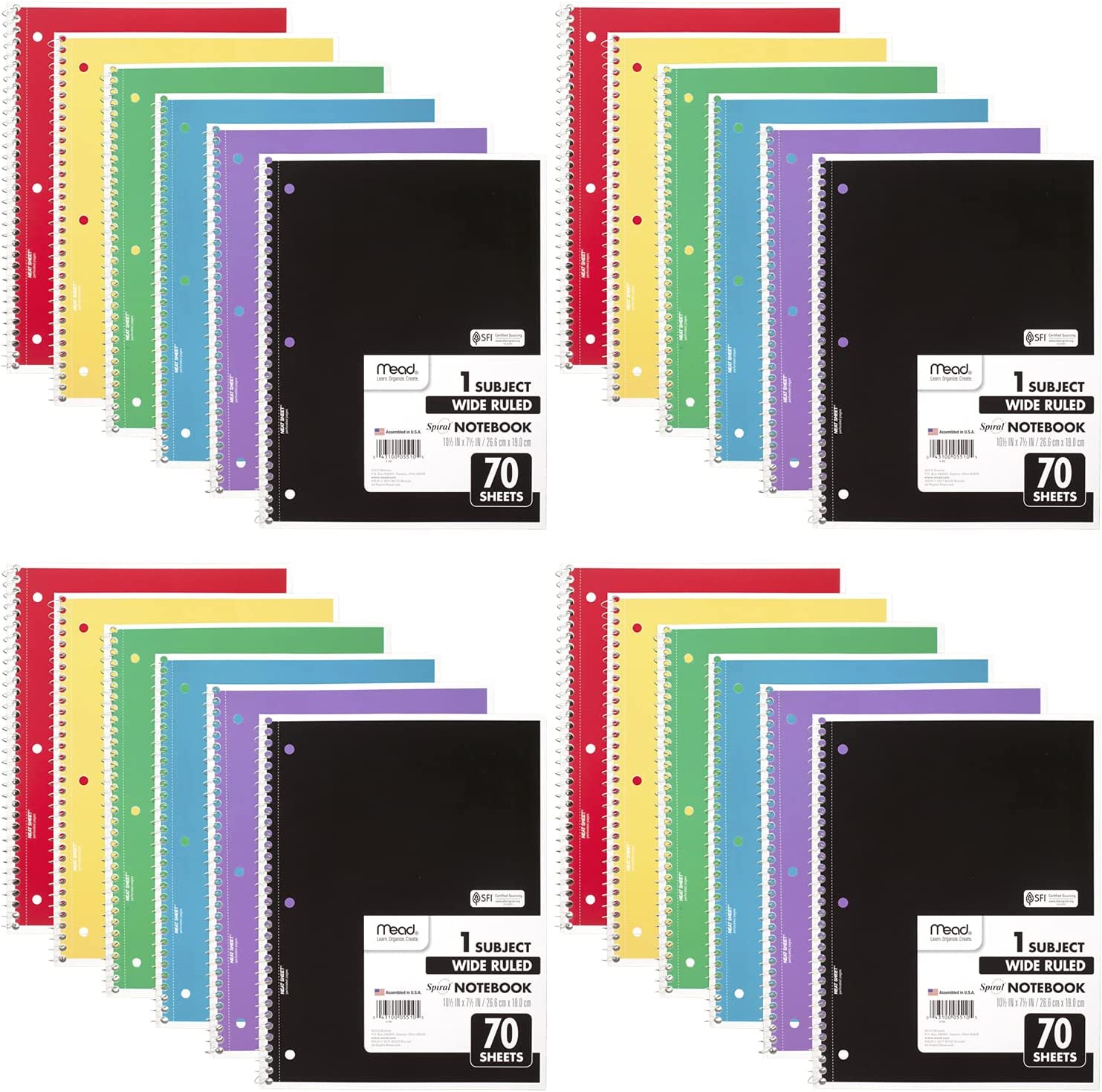 Mead Spiral Notebooks, 24 Pack, 1-Subject, Wide Ruled Paper, 10-1/2" x 8", 70 Sheets per Notebook, Assorted Colors (05510)