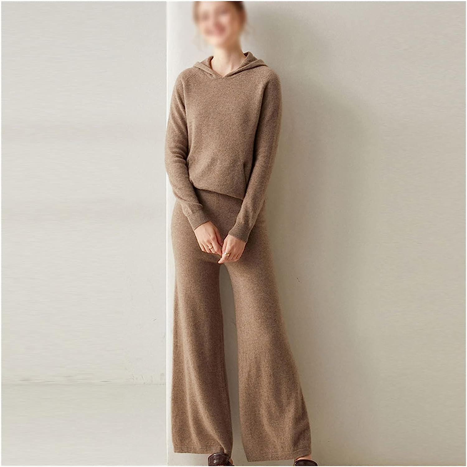 Walnut Two Pieces Cashmere Wool Suits Female Hooded Knit Sweater Set Warm Cashmere Knit Tops and Wide Leg Pant Sets (Color : D, Size : L Code)
