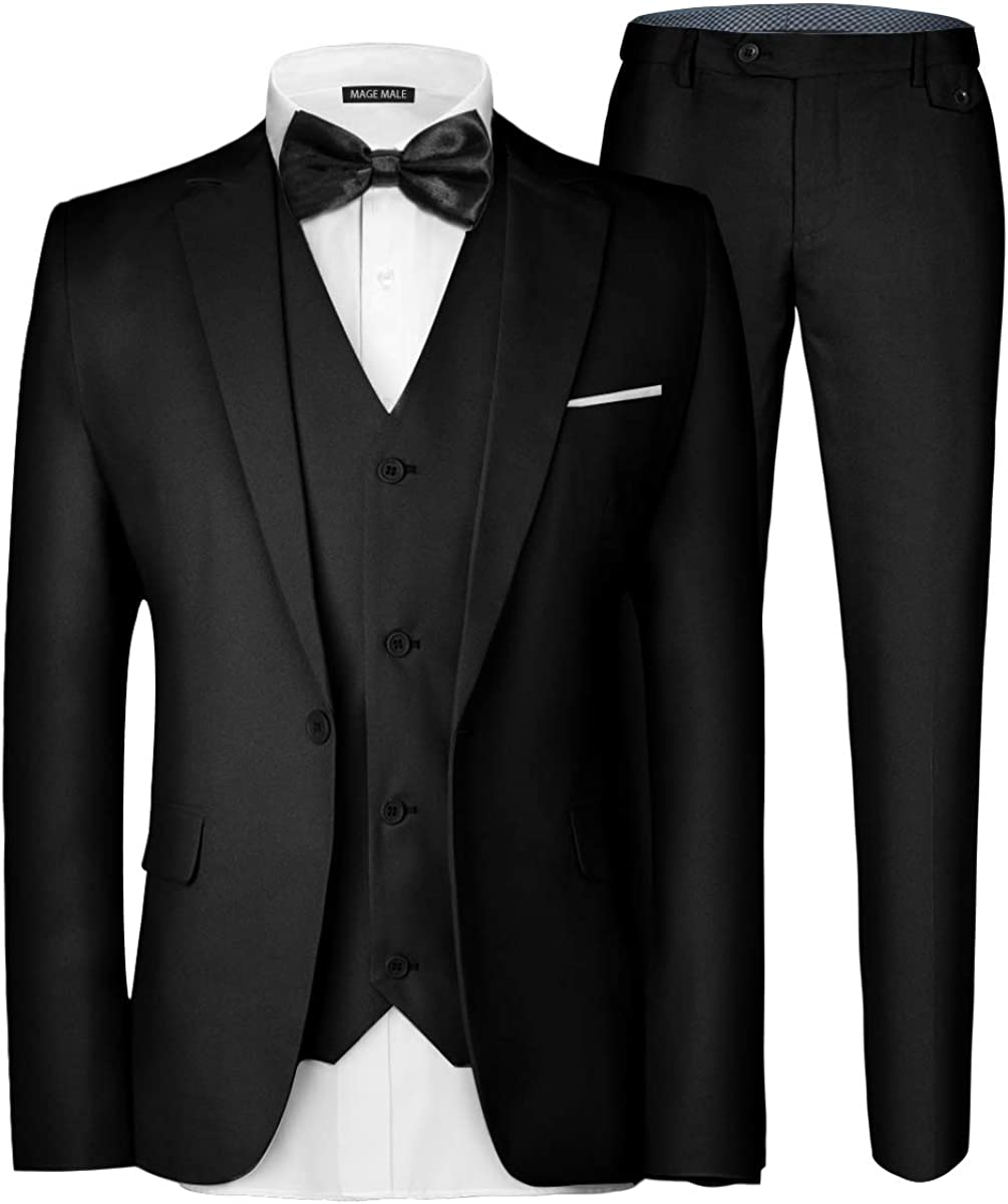 MAGE MALE Men's 3 Pieces Suit Elegant Solid One Button Slim Fit Single Breasted Party Blazer Vest Pants Set