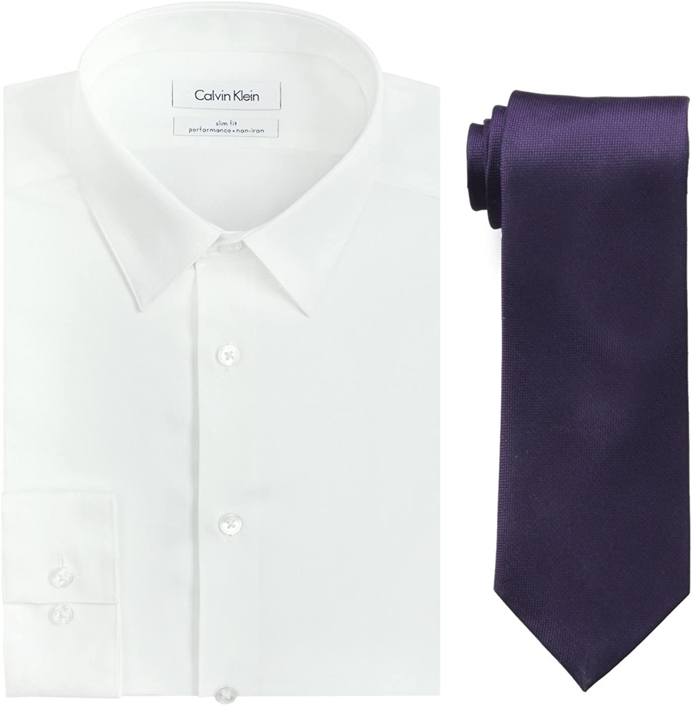 Calvin Klein Men's Slim Fit Herringbone Dress Shirt and Silver Spun Tie Combo